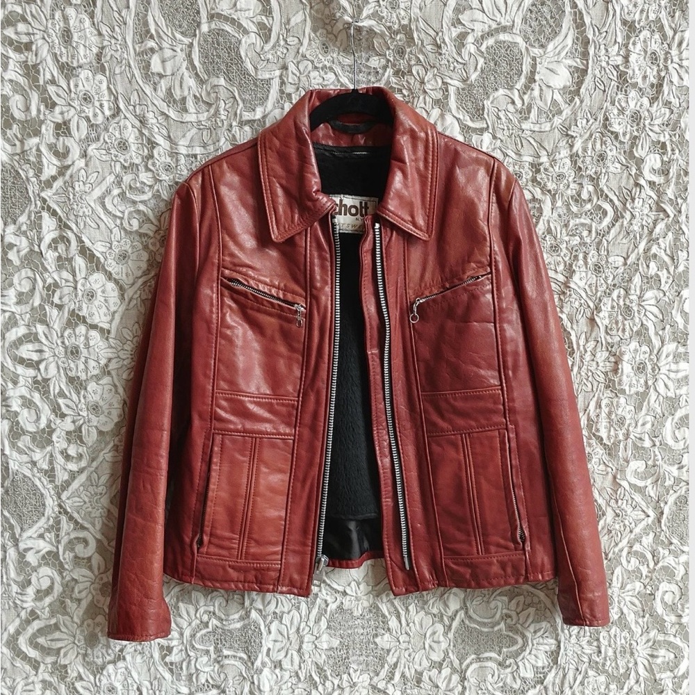 Vintage Schott Red Leather Half Belt Jacket